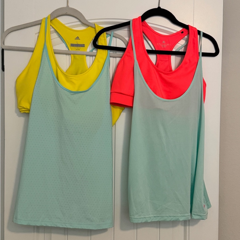 Lot of 2 Adidas Racerback Tank Topseith attached sport bra. Aqua/pink/yellow